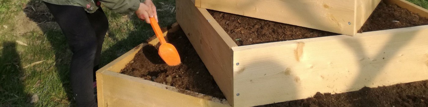 Mädchen legt Saaterdäpfel in die Erdäpfelpyramide