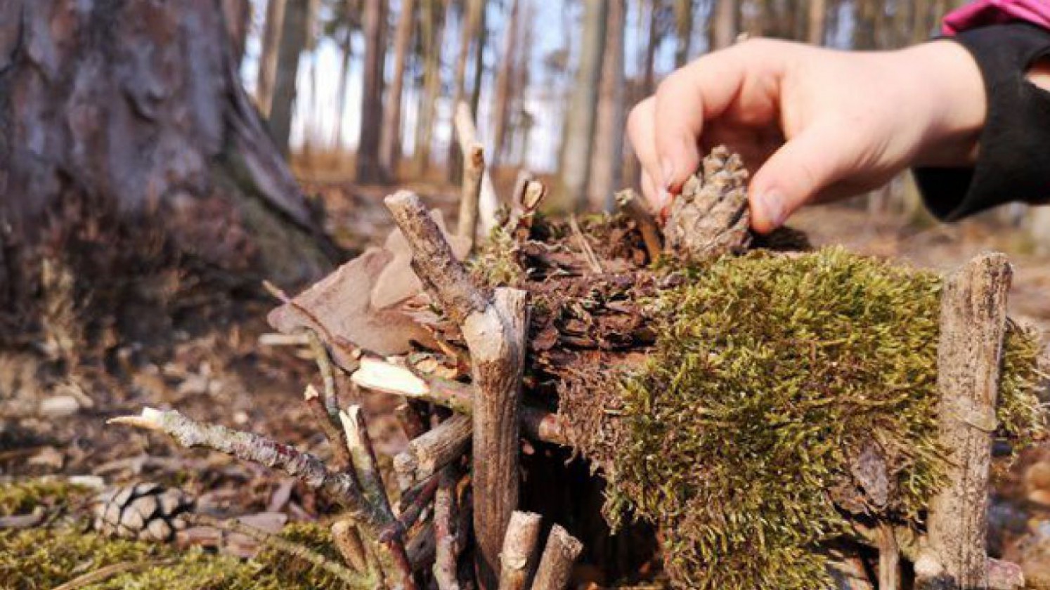 Kind baut Spielhäuschen aus Naturmaterial