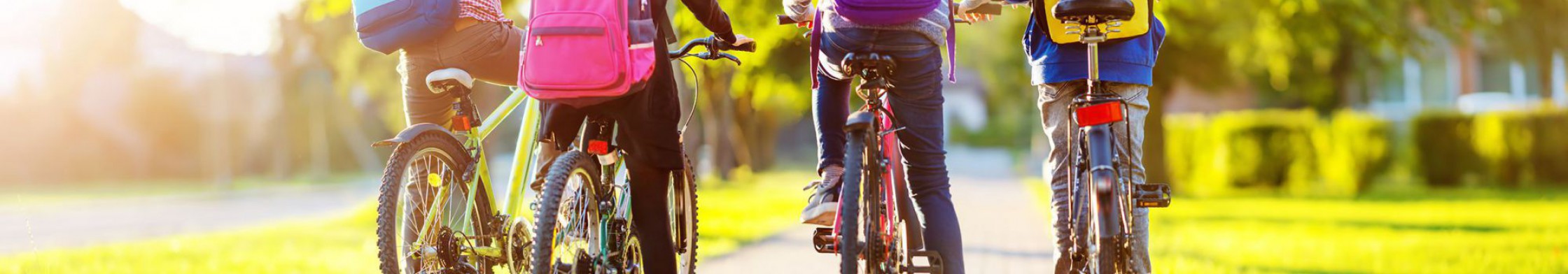 Vier Kinder auf Fahrrädern von hinten