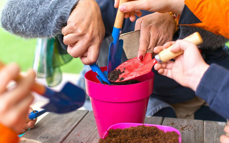 Mehrere Kinder schaufeln Erde in einen Blumentopf